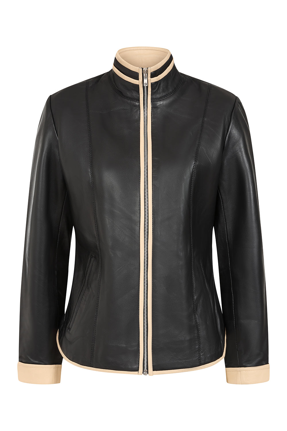Millie Women's Black Napa Leather Jacket Cream Contrast Detail