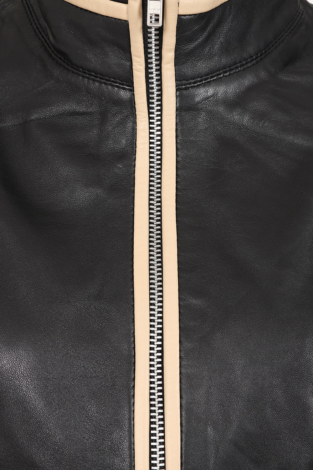 Millie Women's Black Napa Leather Jacket Cream Contrast Detail