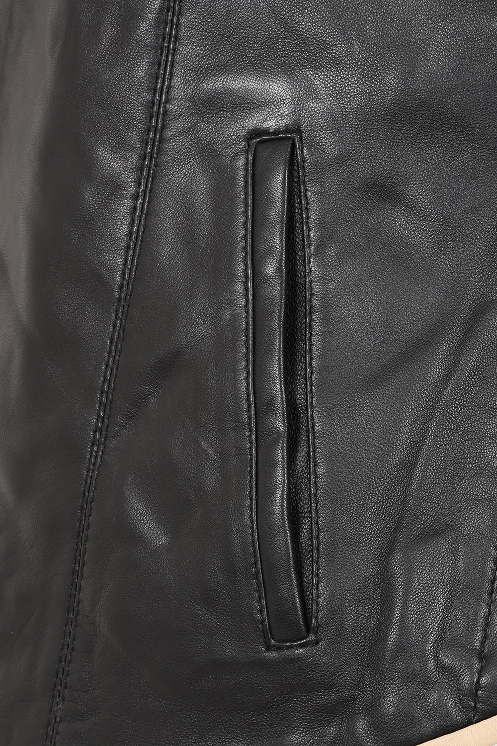Millie Women's Black Napa Leather Jacket Cream Contrast Detail