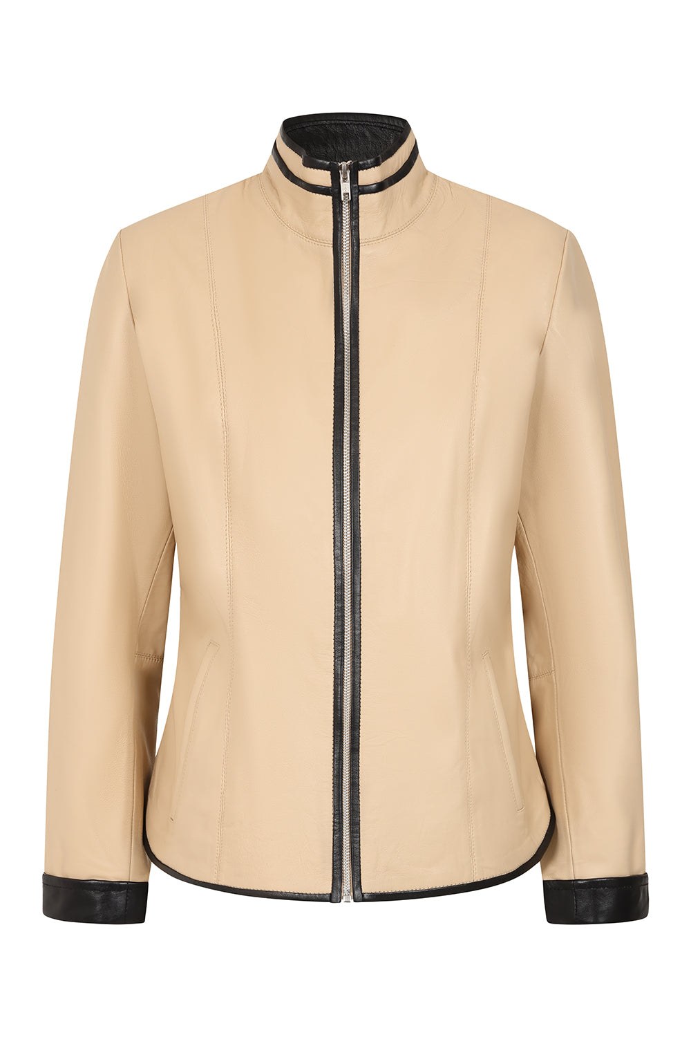 Millie Cream Napa Leather Jacket - Black Contrast Detail Women's