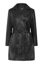 Women's Premium Black Napa Leather Belted Coat - Knee Length