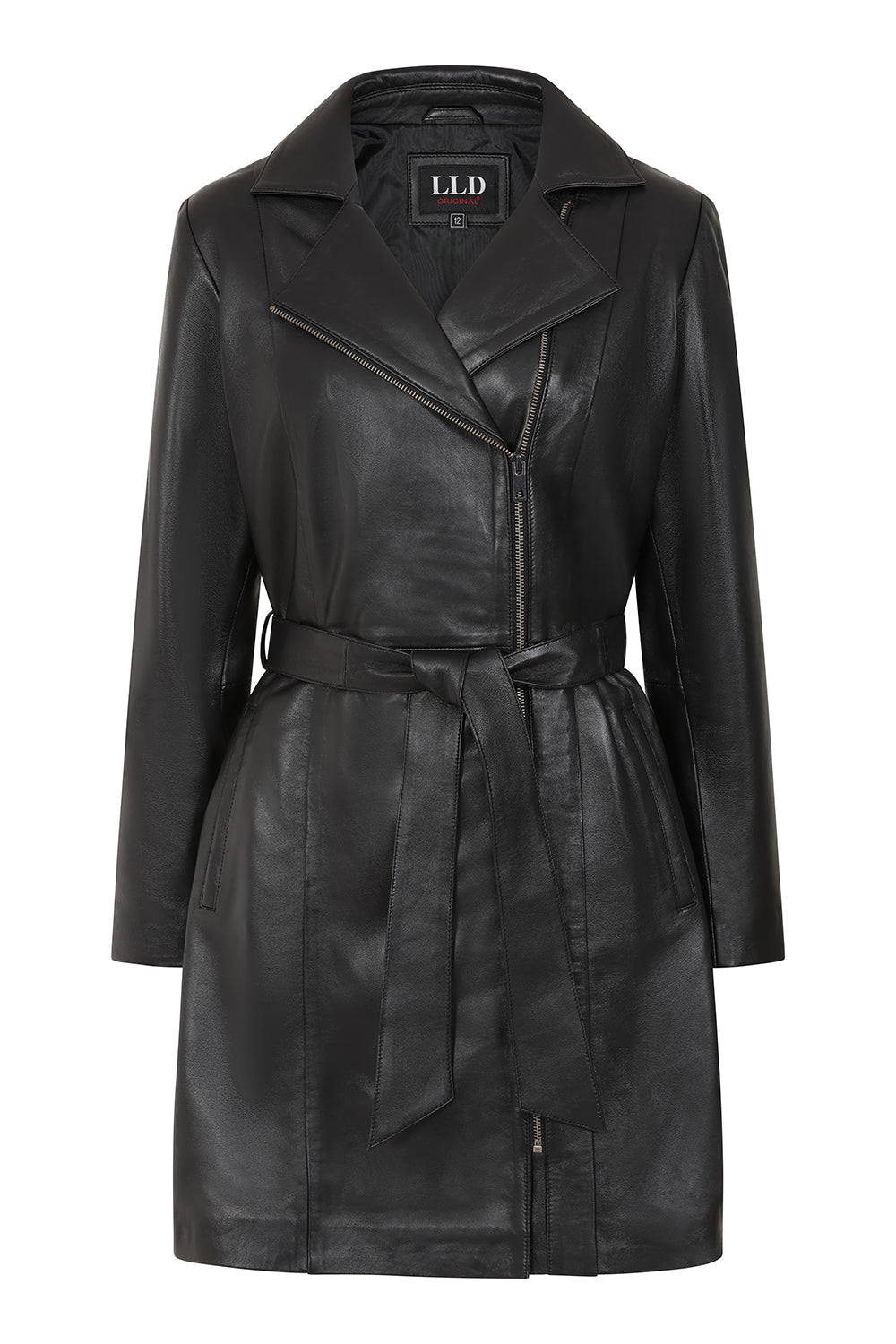 Women's Premium Black Napa Leather Belted Coat - Knee Length