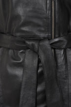 Women's Premium Black Napa Leather Belted Coat - Knee Length