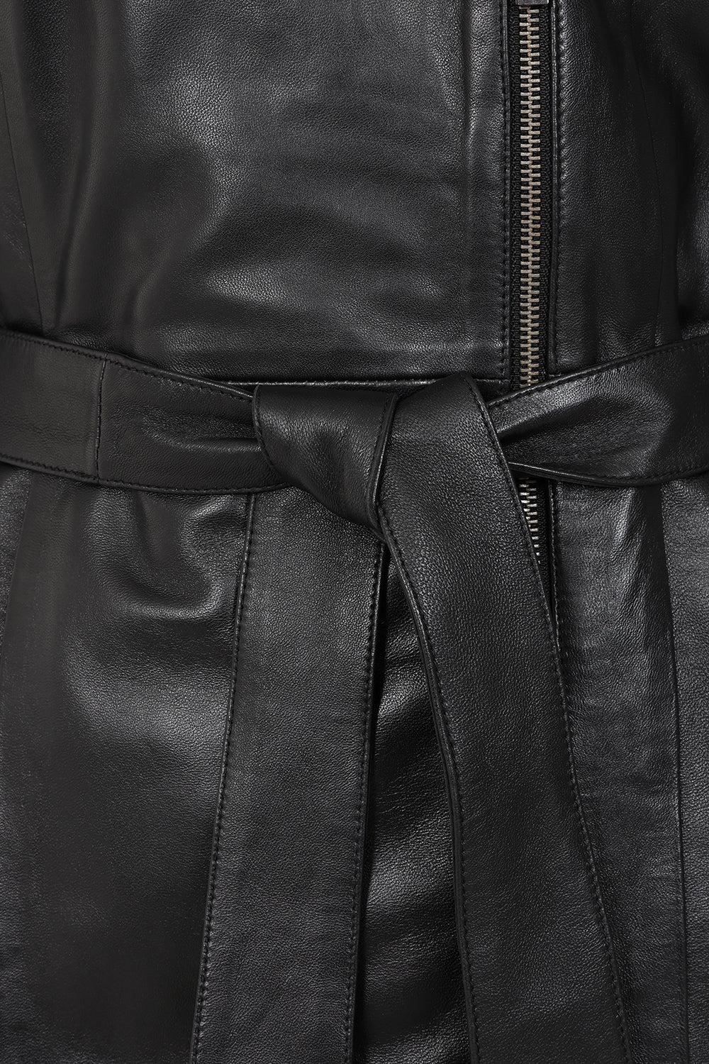 Women's Premium Black Napa Leather Belted Coat - Knee Length