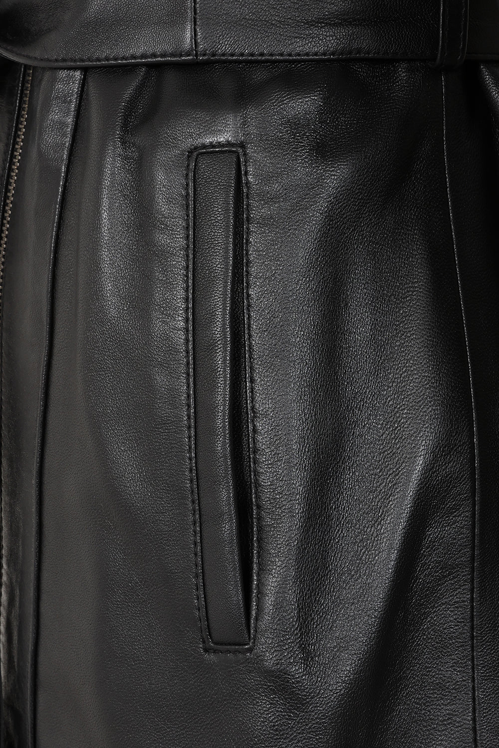 Women's Premium Black Napa Leather Belted Coat - Knee Length