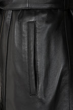 Women's Premium Black Napa Leather Belted Coat - Knee Length