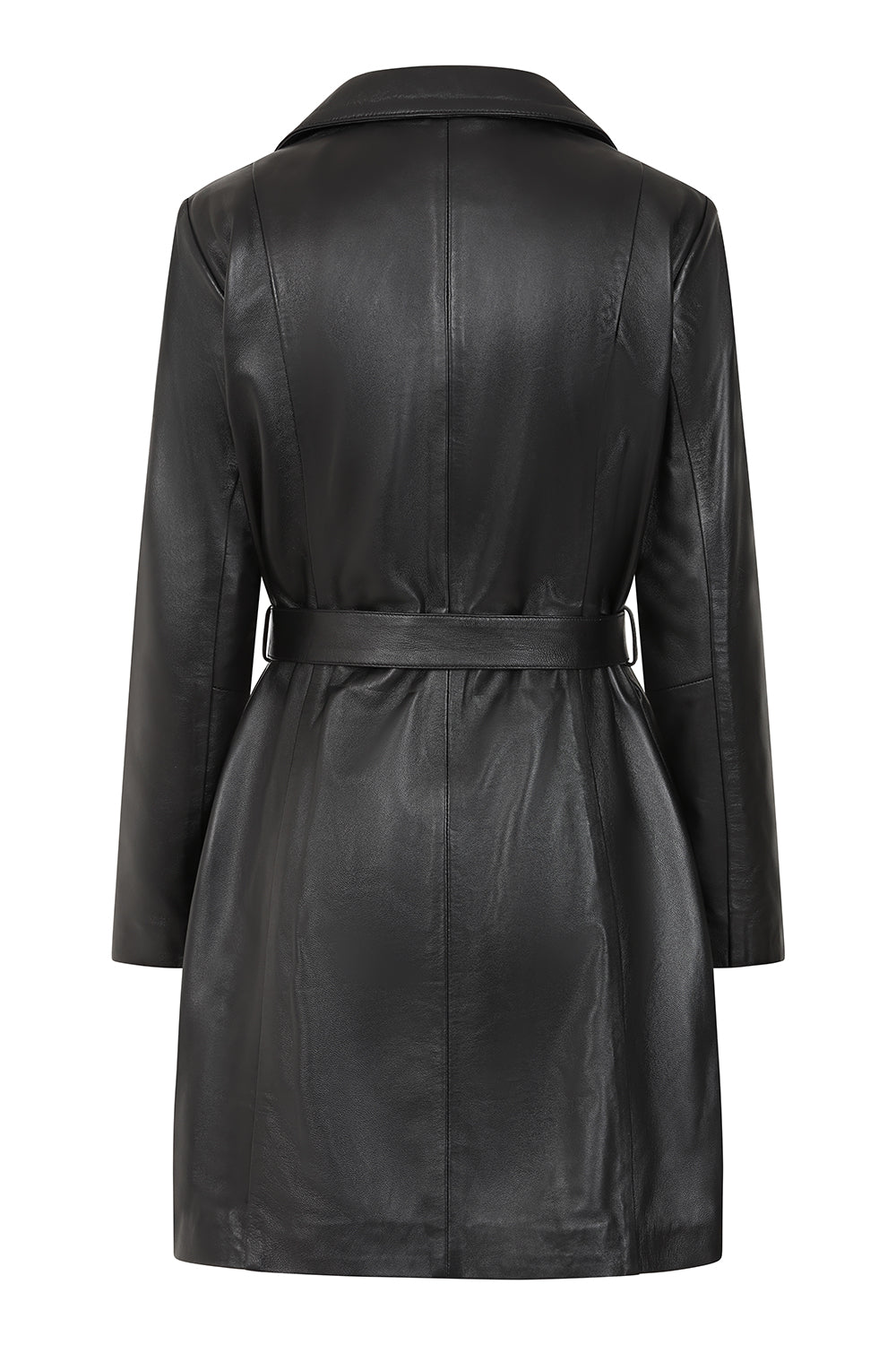 Women's Premium Black Napa Leather Belted Coat - Knee Length