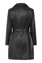 Women's Premium Black Napa Leather Belted Coat - Knee Length