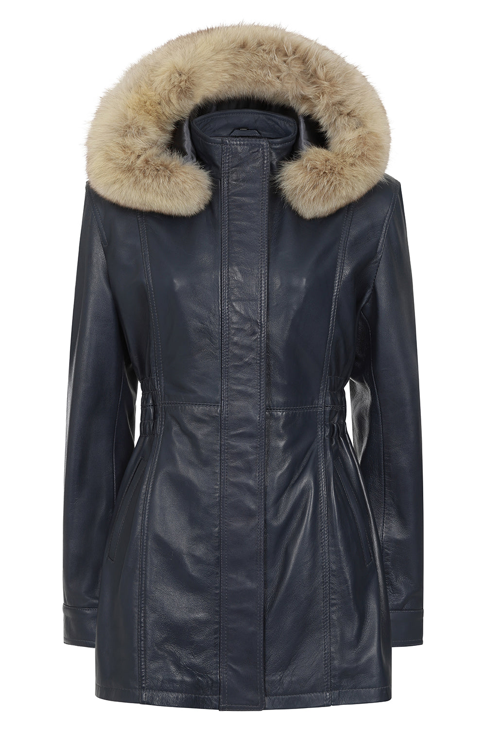 BARBARA Women's Nappa Leather Coat Navy Blue Detachable Fur Hood