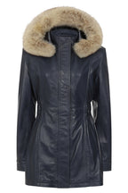 BARBARA Women's Nappa Leather Coat Navy Blue Detachable Fur Hood