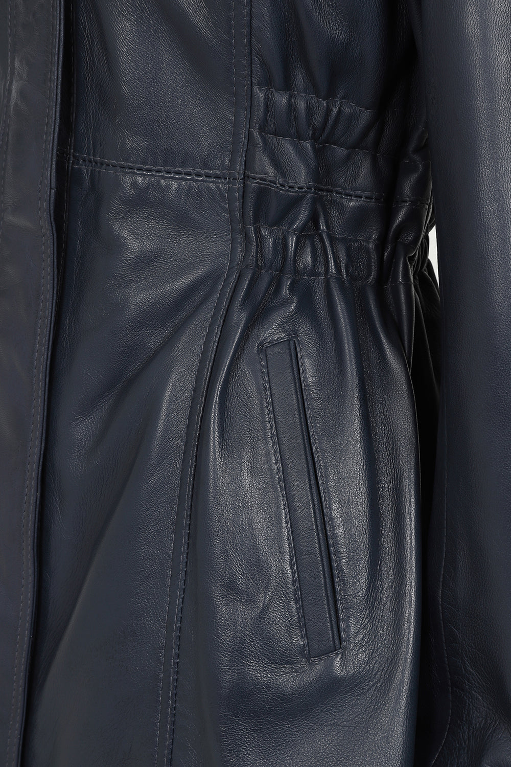 BARBARA Women's Nappa Leather Coat Navy Blue Detachable Fur Hood