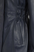 BARBARA Women's Nappa Leather Coat Navy Blue Detachable Fur Hood