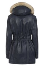 BARBARA Women's Nappa Leather Coat Navy Blue Detachable Fur Hood