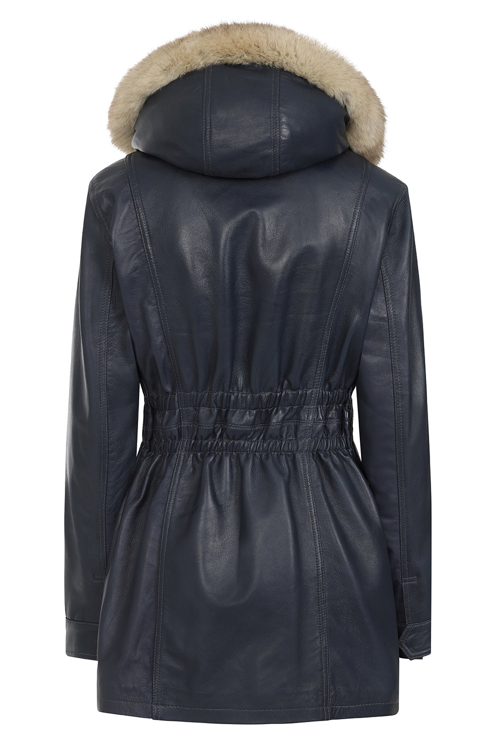 BARBARA Women's Nappa Leather Coat Navy Blue Detachable Fur Hood