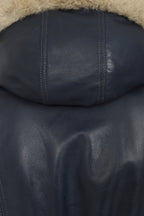 BARBARA Women's Nappa Leather Coat Navy Blue Detachable Fur Hood