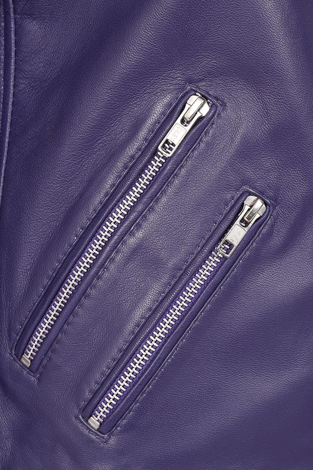 Women's Purple Biker Style Real Leather Jacket - CELIA