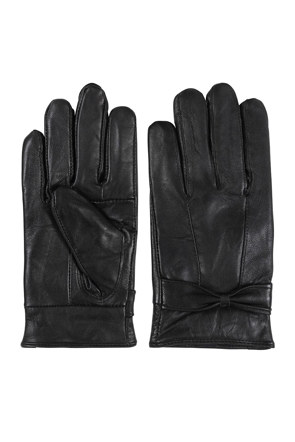 Women's Soft Nappa Leather Gloves with Bow - Black