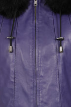 Women's Quality Purple Leather Hip Length Coat with Fur Trimmed Detachable Hood - 'CARLA'