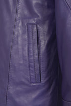 Women's Quality Purple Leather Hip Length Coat with Fur Trimmed Detachable Hood - 'CARLA'