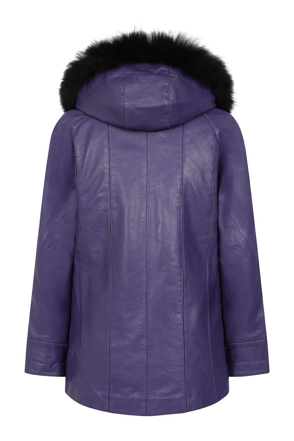 Women's Quality Purple Leather Hip Length Coat with Fur Trimmed Detachable Hood - 'CARLA'