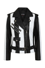 Women's Napa Leather Biker Jacket Black White - Belinda