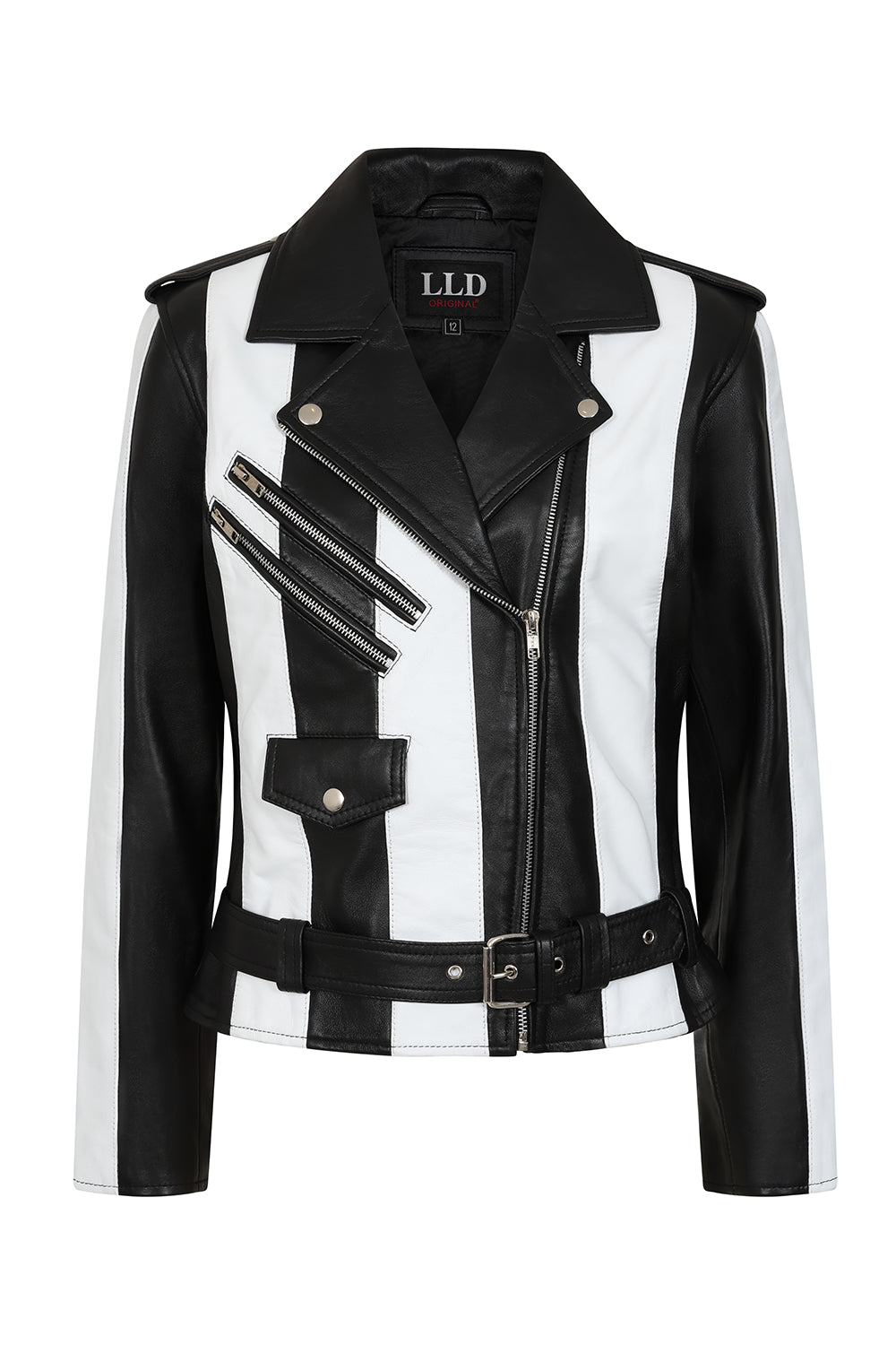 Women's Napa Leather Biker Jacket Black White - Belinda