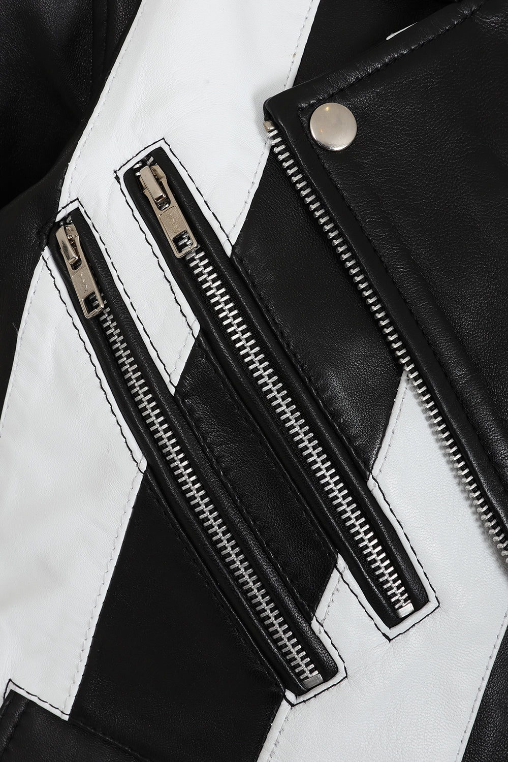 Women's Napa Leather Biker Jacket Black White - Belinda