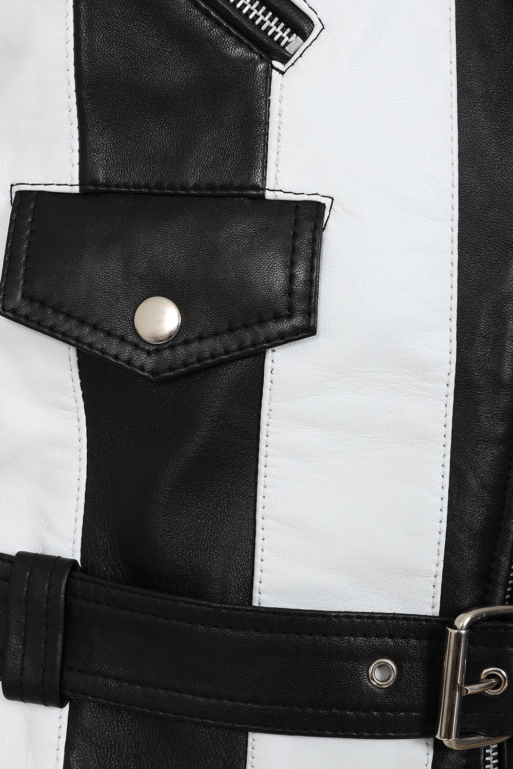Women's Napa Leather Biker Jacket Black White - Belinda