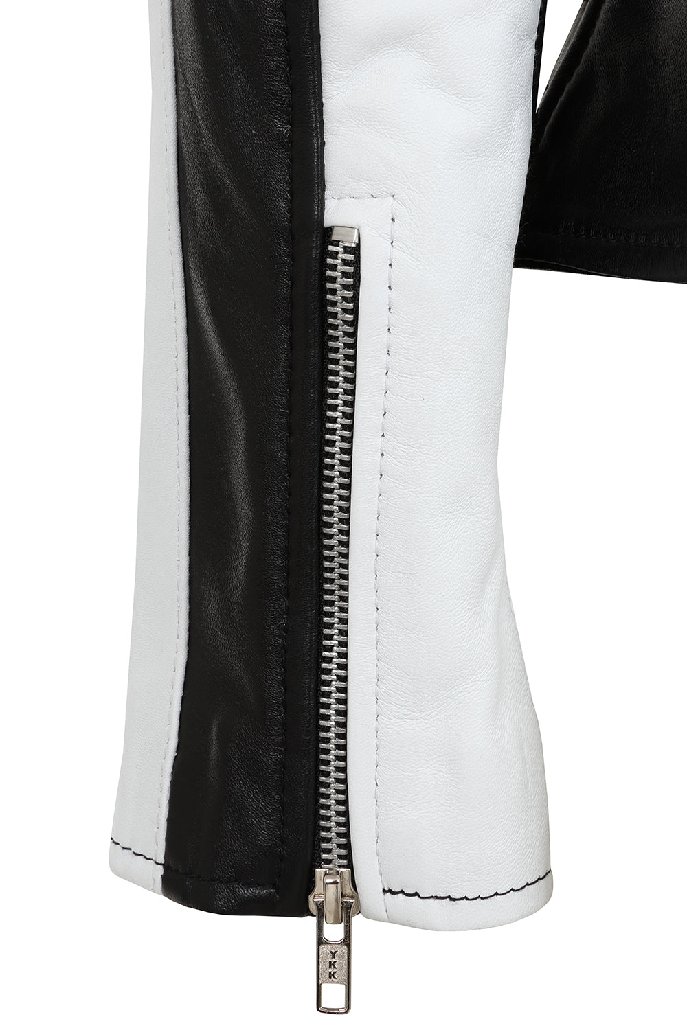 Women's Napa Leather Biker Jacket Black White - Belinda