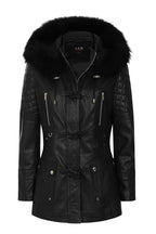 Women's Black Nappa Leather Jacket with Detachable Fur Hood - AMY