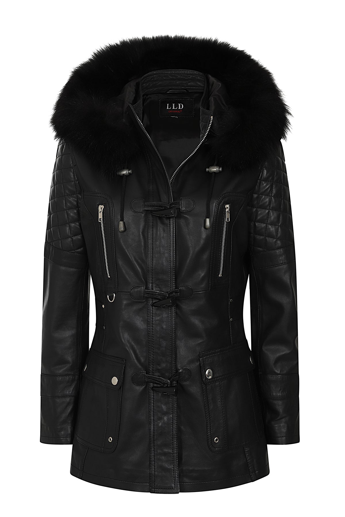 Women's Black Nappa Leather Jacket with Detachable Fur Hood - AMY