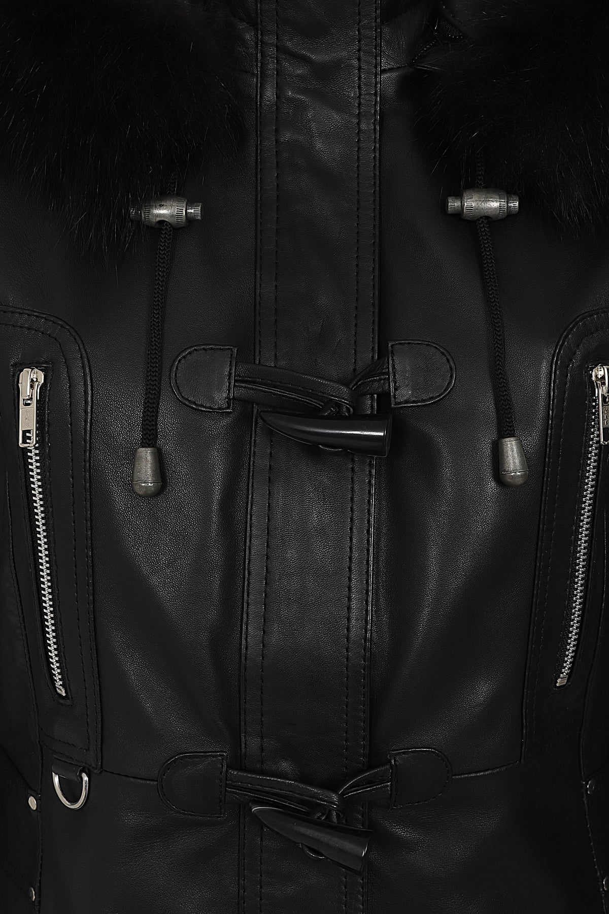 Women's Black Nappa Leather Jacket with Detachable Fur Hood - AMY