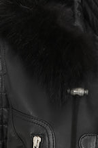 Women's Black Nappa Leather Jacket with Detachable Fur Hood - AMY