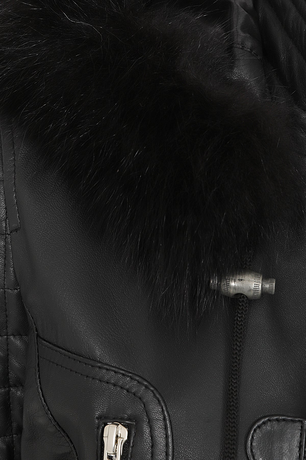 Women's Black Nappa Leather Jacket with Detachable Fur Hood - AMY