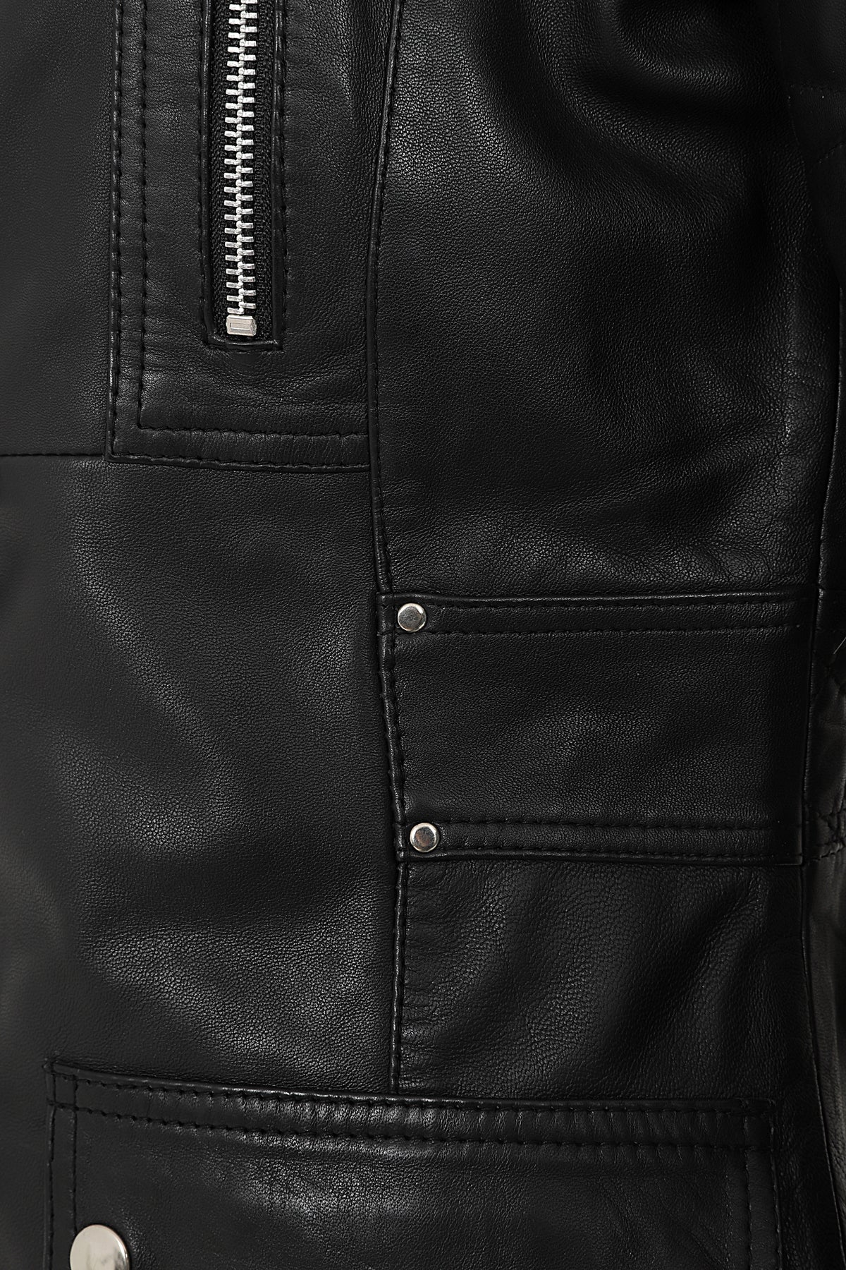 Women's Black Nappa Leather Jacket with Detachable Fur Hood - AMY