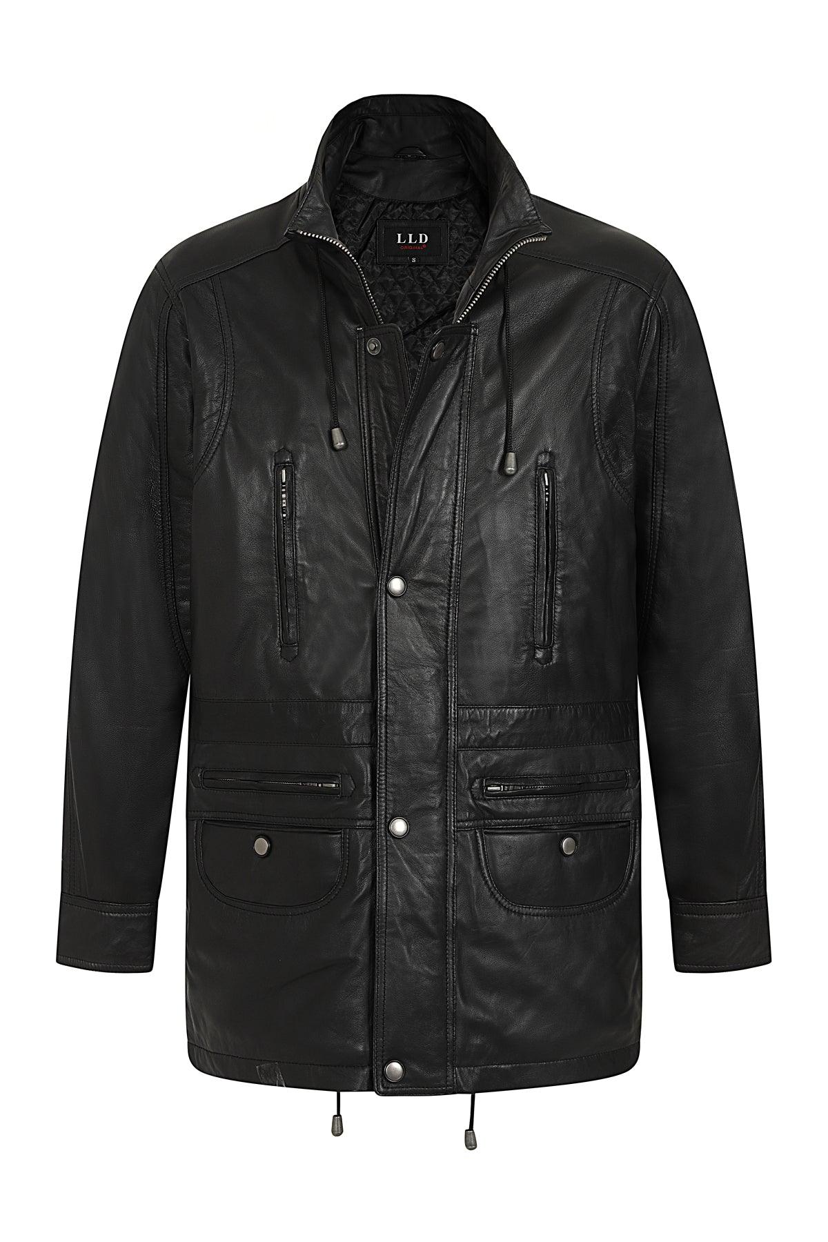 Men's Classic Black Nappa Leather Car Coat 3/4 Length - JERRY