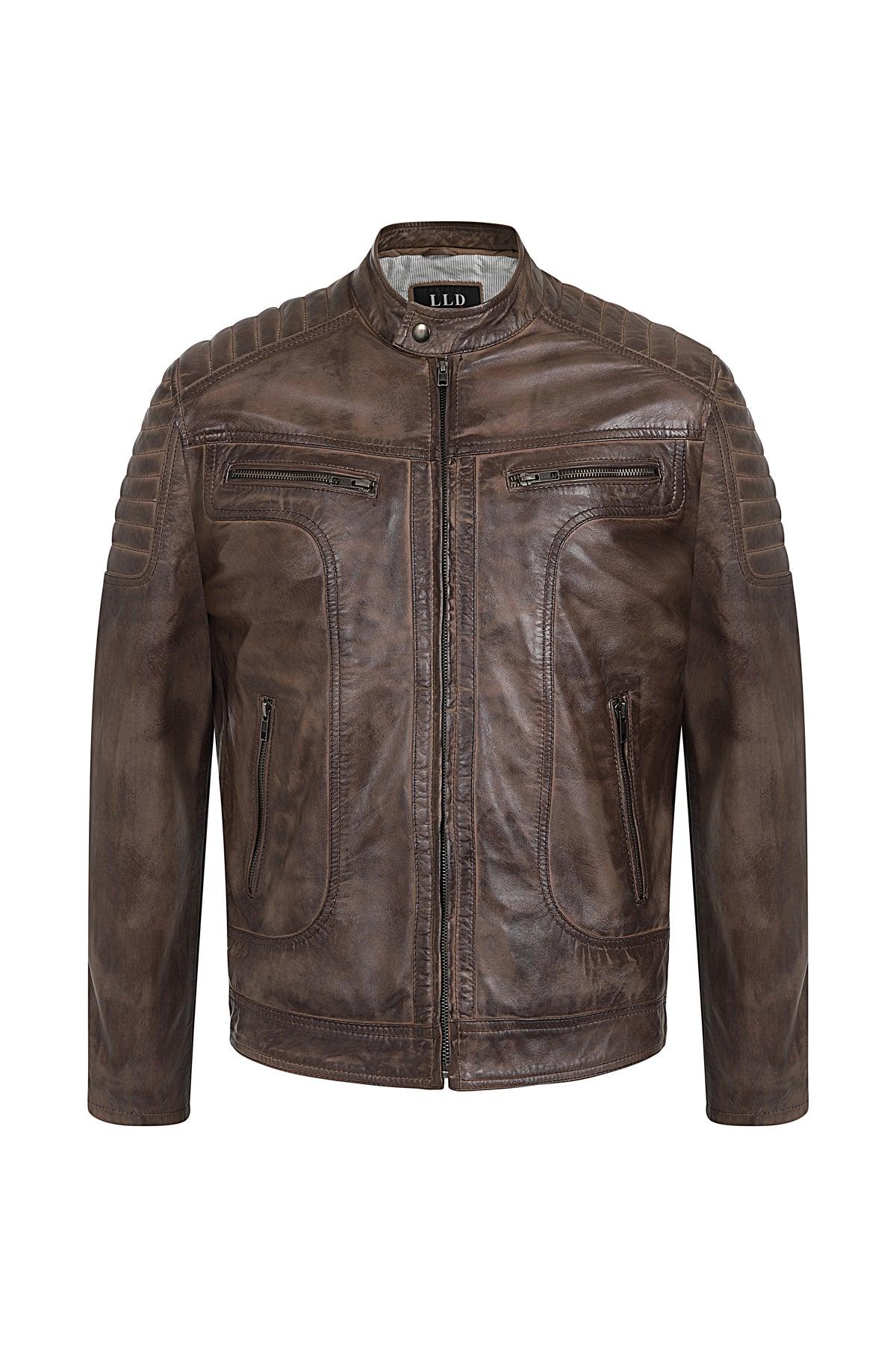 CHARLIE Men's Brown Nappa Leather Biker Jacket - Racer Style