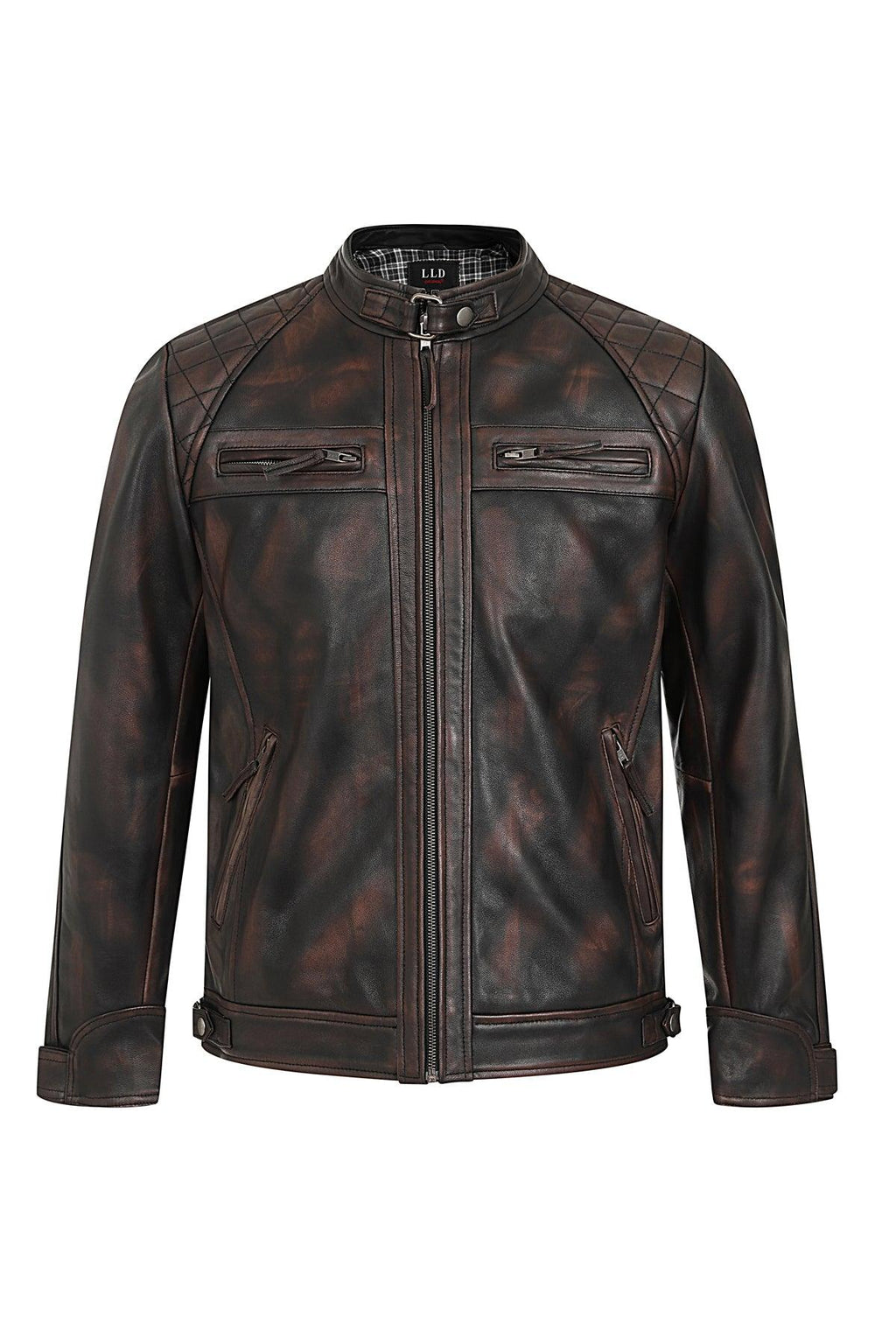 Lee Men's Rubbed Brown Genuine Leather Biker Jacket Slim Fit