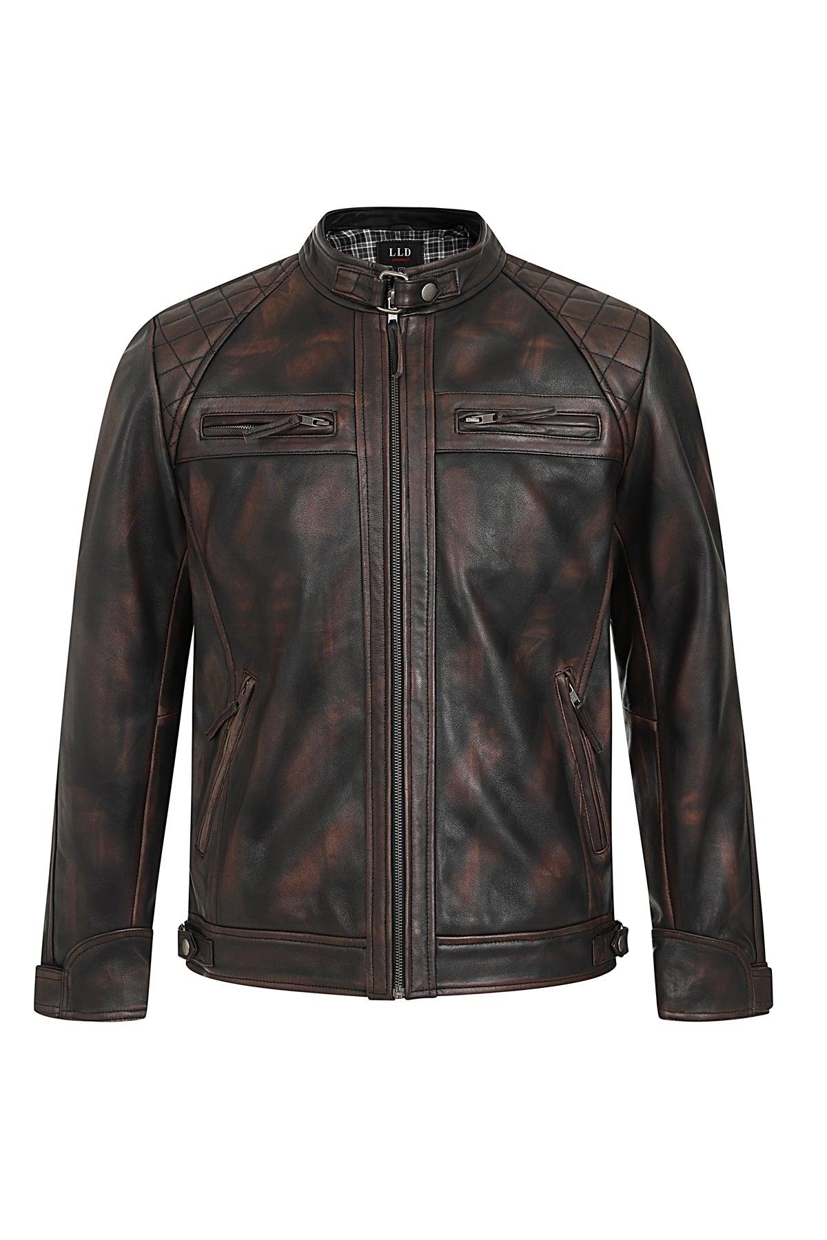 Lee Men's Rubbed Brown Genuine Leather Biker Jacket Slim Fit