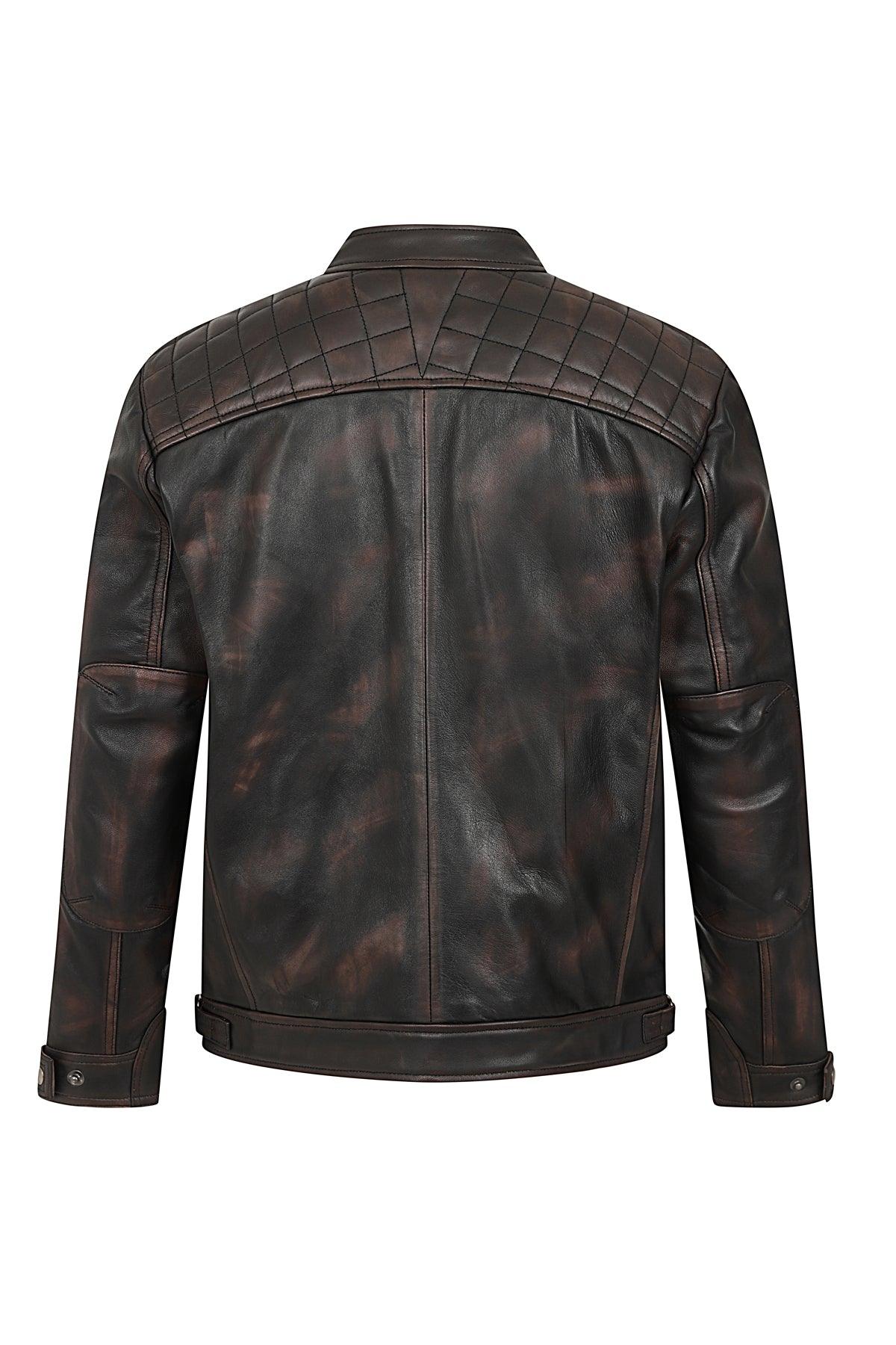 Lee Men's Rubbed Brown Genuine Leather Biker Jacket Slim Fit