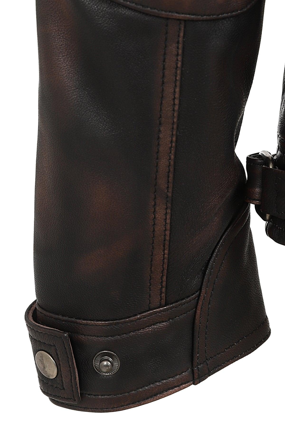 Lee Men's Rubbed Brown Genuine Leather Biker Jacket Slim Fit