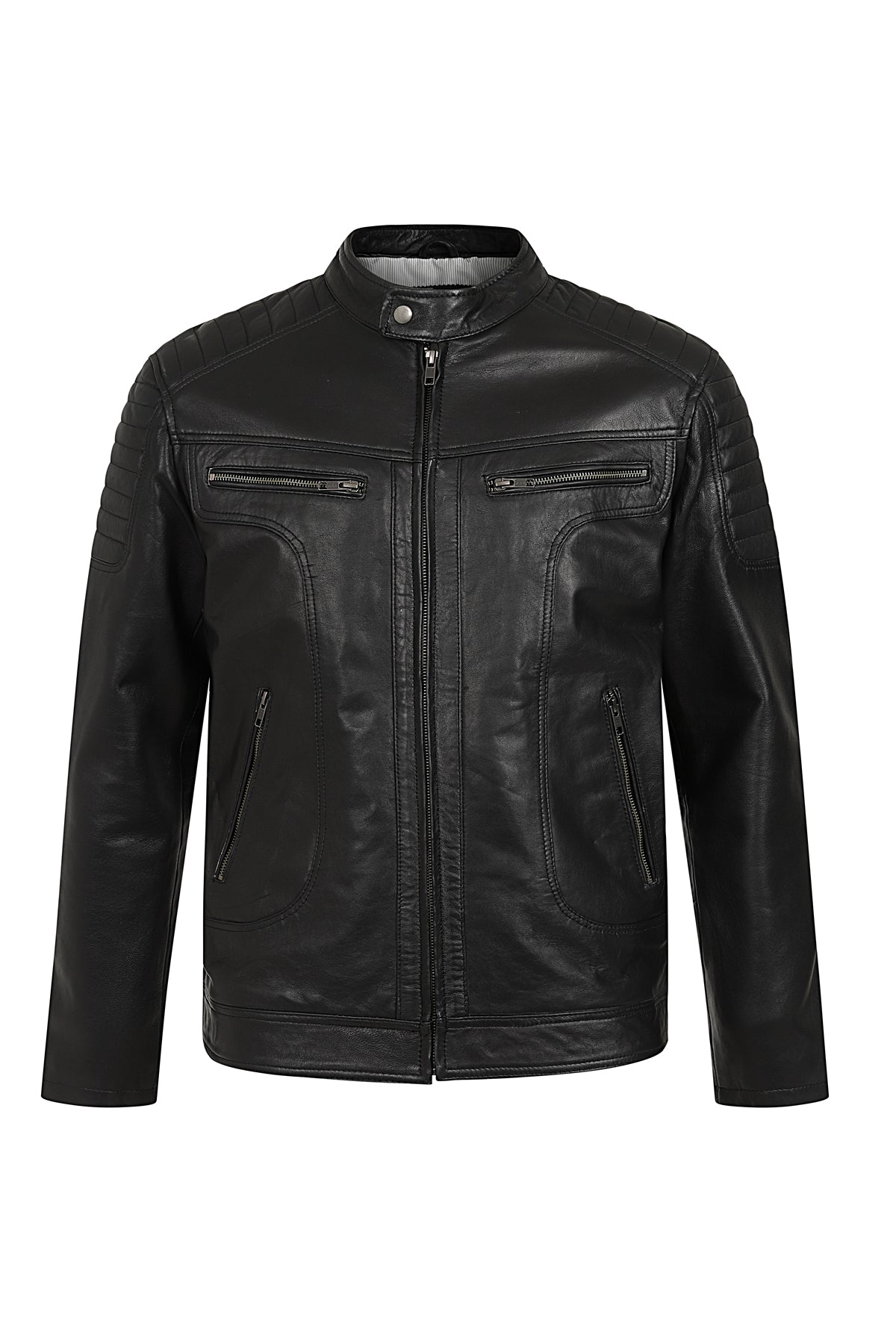 LEE Men's Genuine Leather Biker Jacket - Black Slim Fit Nappa