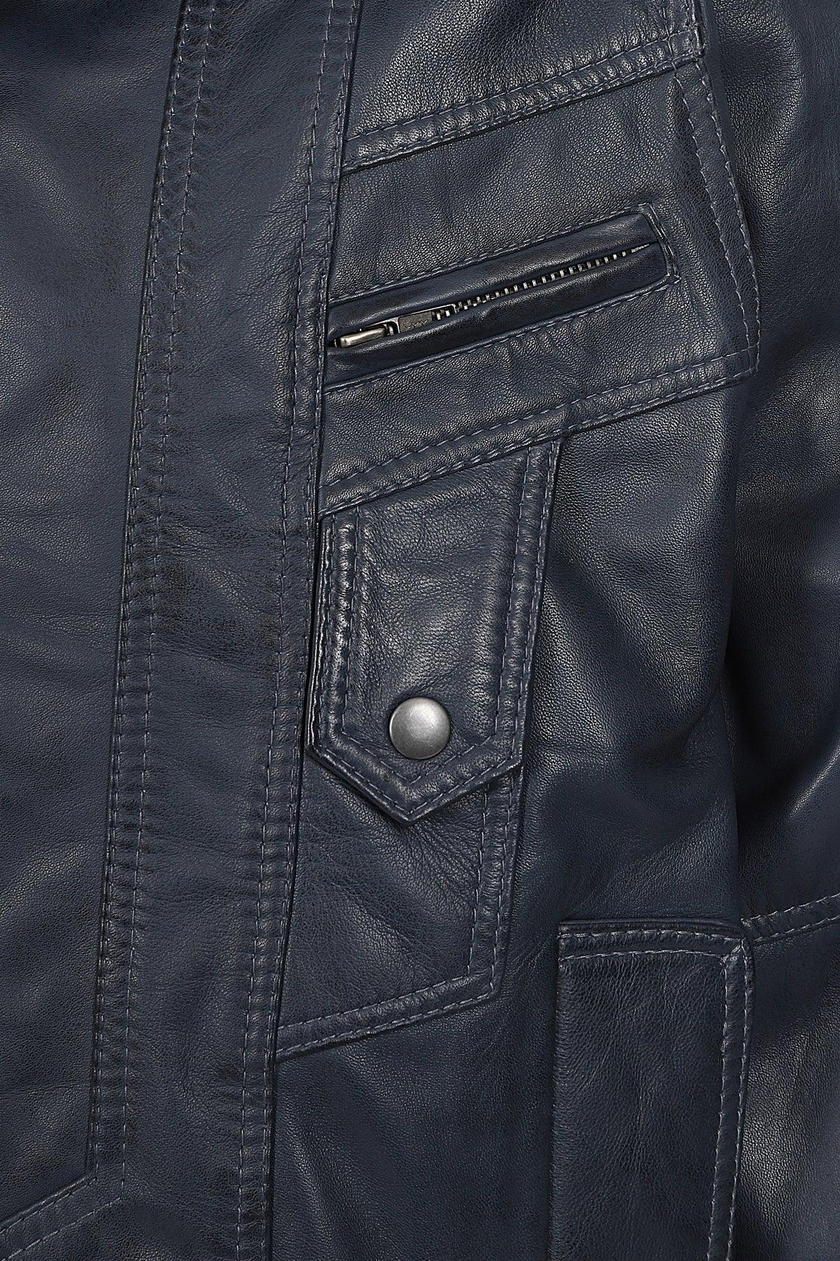 Men's Navy Blue Nappa Leather Blouson Jacket - Classic PAUL