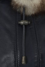 Women's Quality Navy 'Sky' Blue Leather Hip Length Coat with Fur Trimmed Detachable Hood - 'CARLA'