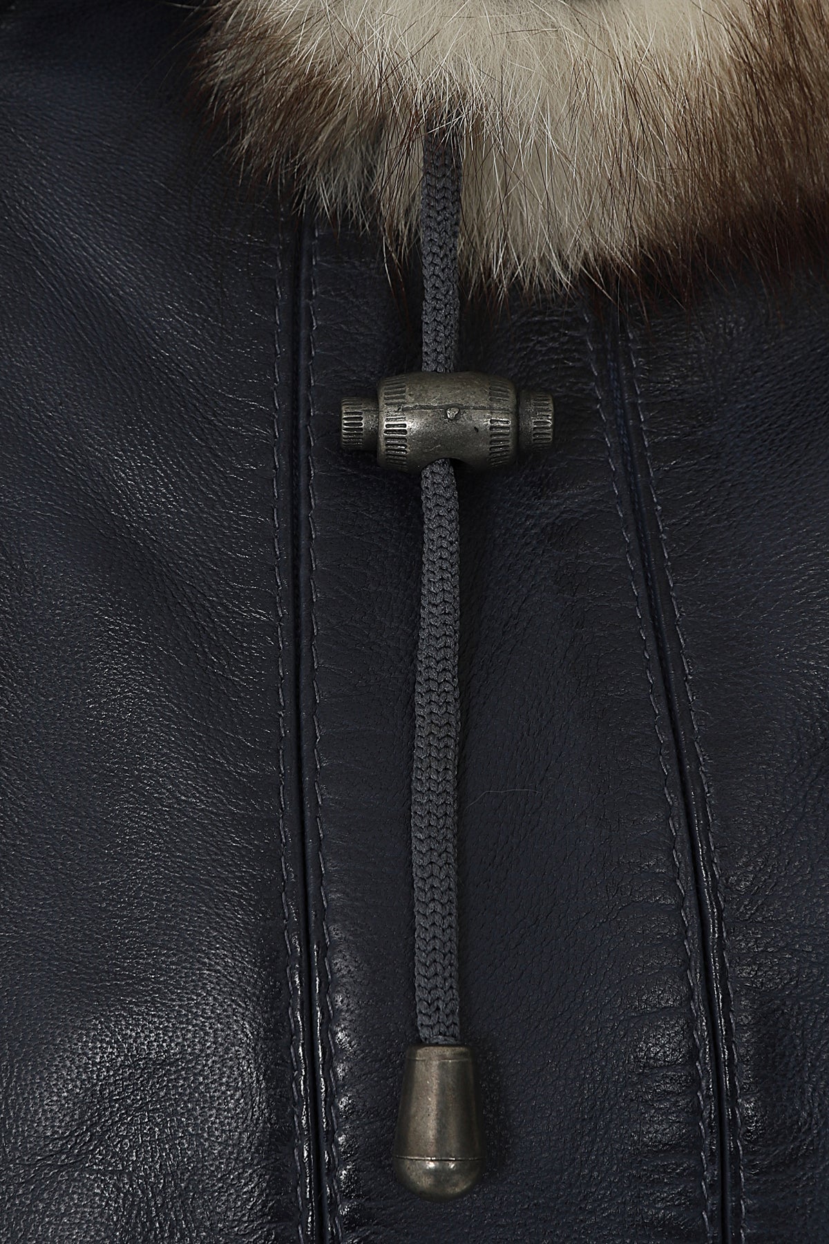 Women's Quality Navy 'Sky' Blue Leather Hip Length Coat with Fur Trimmed Detachable Hood - 'CARLA'