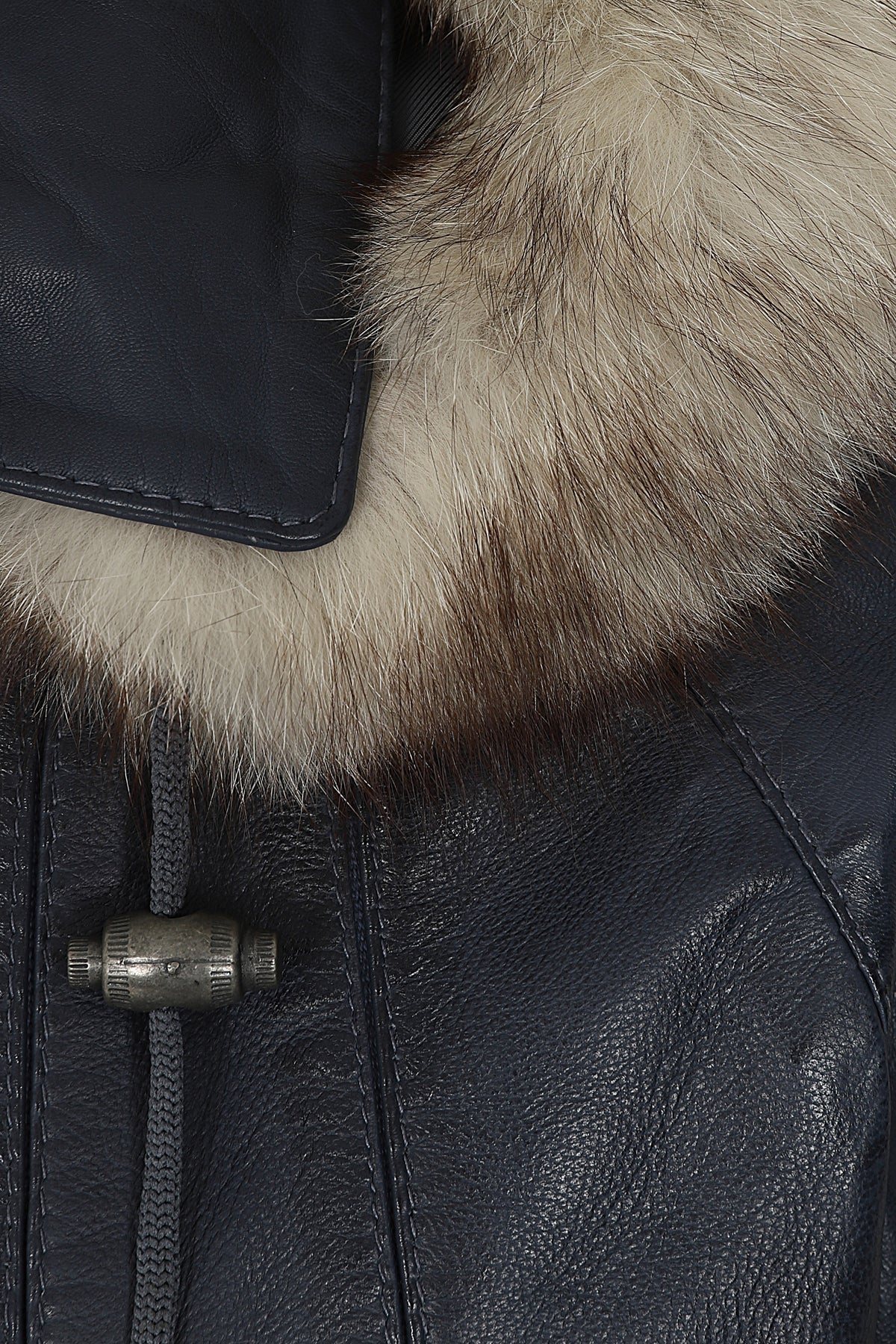 Women's Quality Navy 'Sky' Blue Leather Hip Length Coat with Fur Trimmed Detachable Hood - 'CARLA'