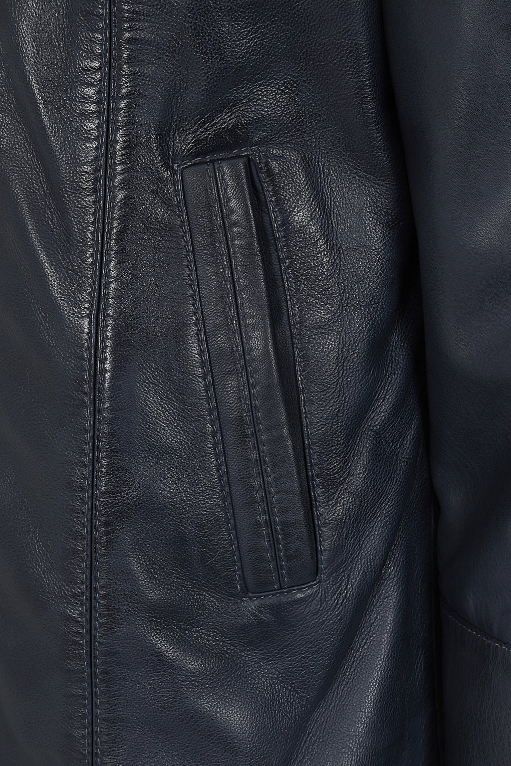 Women's Quality Navy 'Sky' Blue Leather Hip Length Coat with Fur Trimmed Detachable Hood - 'CARLA'