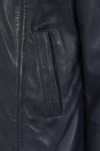 Women's Quality Navy 'Sky' Blue Leather Hip Length Coat with Fur Trimmed Detachable Hood - 'CARLA'