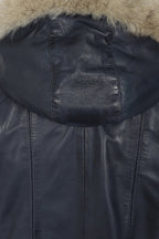 Women's Quality Navy 'Sky' Blue Leather Hip Length Coat with Fur Trimmed Detachable Hood - 'CARLA'