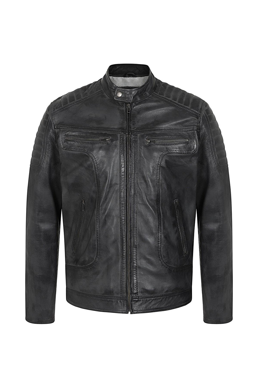CHARLIE Men's Grey Nappa Leather Racer Biker Jacket - Lightweight